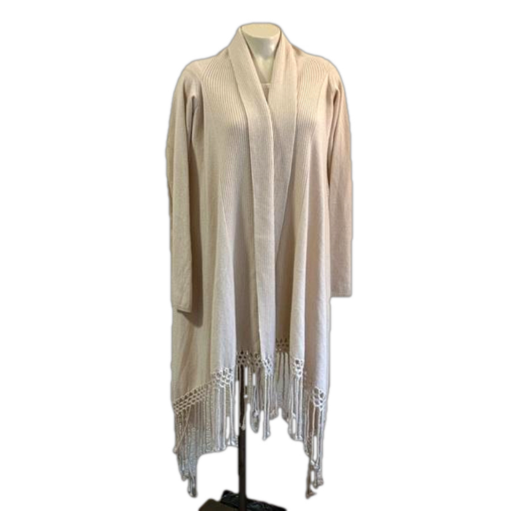 𝅺NORDSTROM 100% cashmere ivory open front w/fringe cardigan S/M